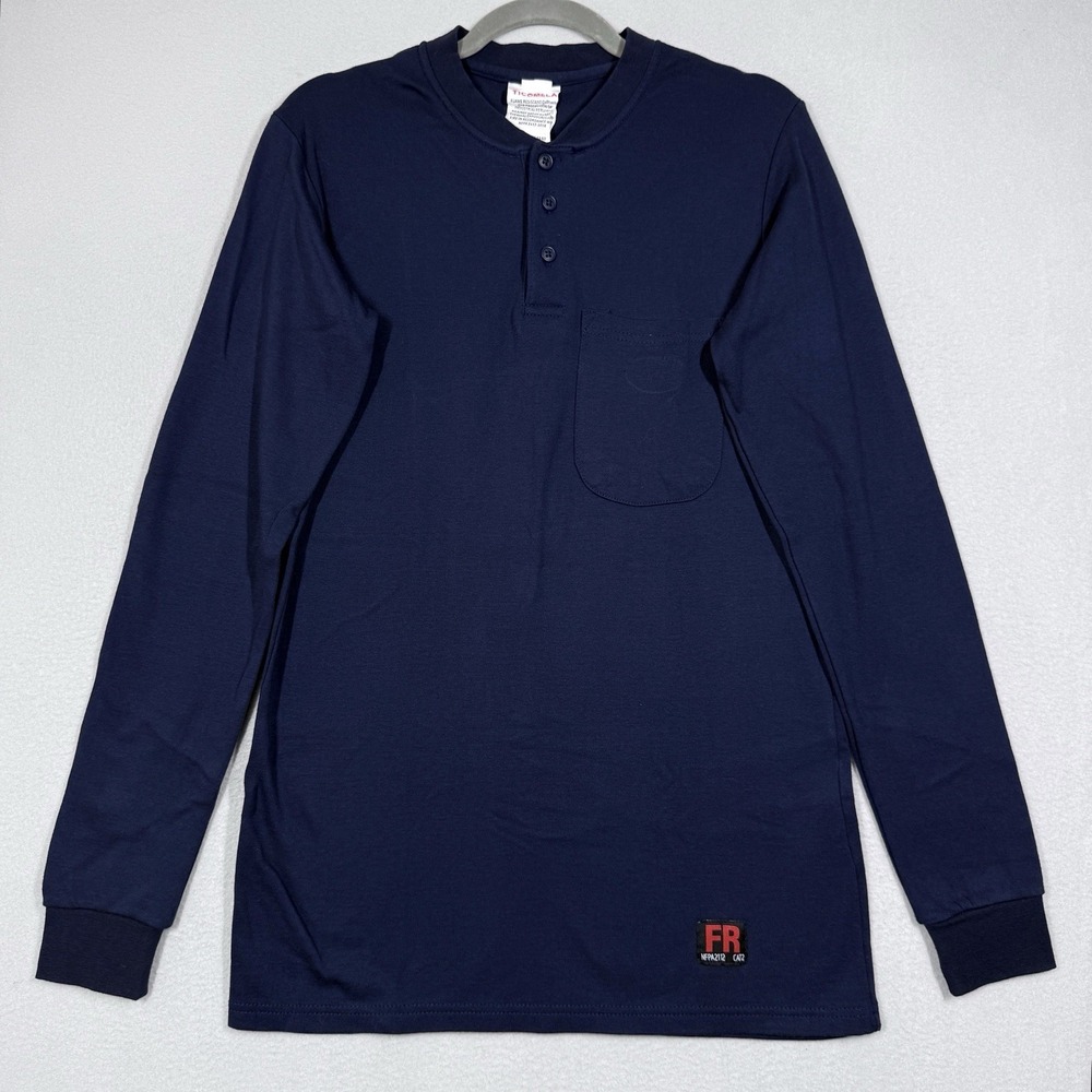 Ticomela FR Shirt Mens Small Flame Resistant Henley Long Sleeve Navy Workwear